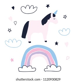 Cute unicorn character with rainbow, clouds, stars and hearts isolated on white. Baby unicorn vector illustration. Baby shower poster illustration.