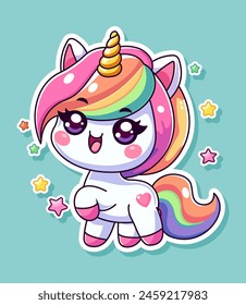 Lindo personaje unicornio con melena de arco iris en estilo kawaii sobre un fondo verde azulado, concepto de magia y fantasía, Ilustración vectorial. Ilustración vectorial