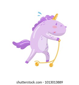 Cute unicorn character riding kick scooter, funny magical animal cartoon vector Illustration