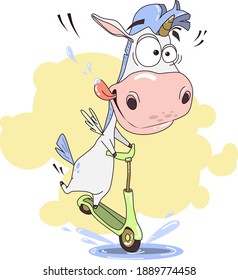 Cute unicorn character riding kick scooter, funny magical animal cartoon vector Illustration isolated on white background