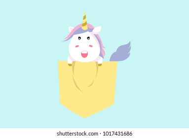 Cute Unicorn Character with shocked expressions in a pocket. vector Illustration. Isolated on a colored background.