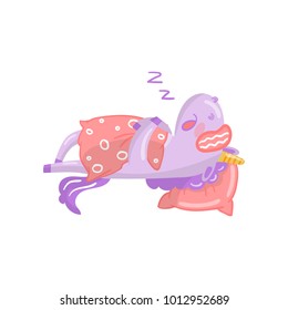 Cute unicorn character sleeping in its bed, funny magical animal cartoon vector Illustration