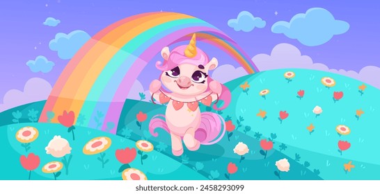 A cute unicorn character standing on a colorful meadow with flowers, rainbow sky, fantasy illustration, cartoon style on a vibrant background, concept of magic and happiness. Vector illustration