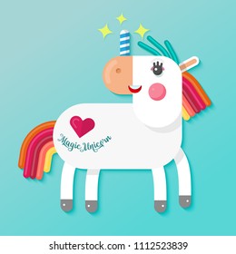 Cute unicorn character. Vector cartoon illustration. Magic creature. Flat design style. 