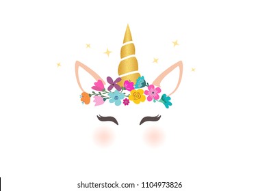 Cute unicorn character vector graphic design. Cartoon unicorn head with flower crown illustration for card and shirt design