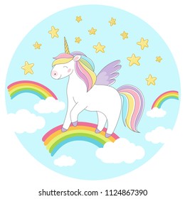 Cute Unicorn character vector illustration in a circle for posters, invitations, dishes