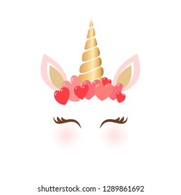 Cute unicorn character vector illustration - Cartoon unicorn head with heart crown for valentine's day greeting cards and shirt design