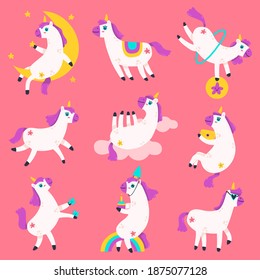 Cute unicorn characters. Doodle rainbow unicorns, fairy tale funny baby unicorn mascots. Fantasy magical pony vector illustration set. Fairy tale, magical character mascot, pony unicorn