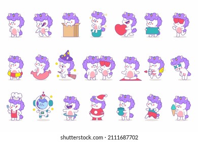 Cute Unicorn characters vector cartoon set isolated on a white background.