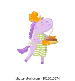 Cute unicorn chef character holding freshly baked pie, funny magical animal cartoon vector Illustration