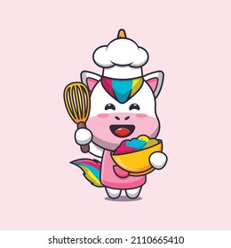 cute unicorn chef mascot cartoon character with cake dough