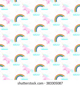 Cute unicorn child seamless vector pattern with rainbow in clouds. Baby fabric design, white surface textile for kid clothes, bed linen.