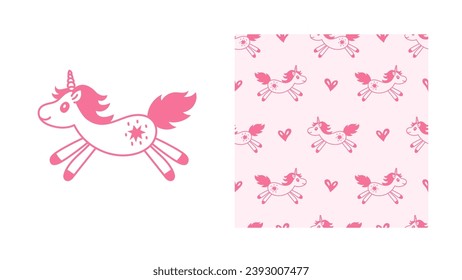 Cute unicorn childish seamless pattern and print.Pink hand drawn endless background with fantasy creature and hearts. Pastel colored repeat vector illustration for kids, baby, little girl, fabric, tex