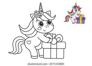 Cute unicorn. Childrens coloring page. Vector illustration