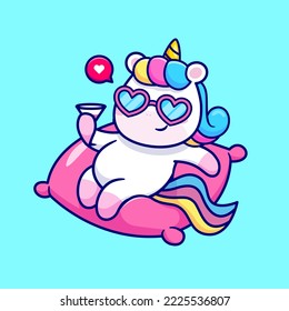 Cute Unicorn Chill On Pillow And Holding Juice  Cartoon Vector Icon Illustration. Animal Drink Icon Concept Isolated Premium Vector. Flat Cartoon Style