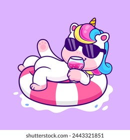 Cute Unicorn Chill On Swimming Tires With Juice Cartoon Vector Icon Illustration. Animal Holiday Icon Concept Isolated Premium Vector. Flat Cartoon Style