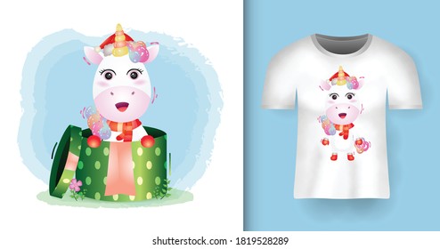 cute unicorn christmas characters using santa hat and scarf in the gift box with t-shirt design