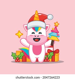 Cute unicorn in christmas day holding christmas tree and star. Cute christmas cartoon illustration