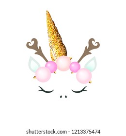 Cute Unicorn with Christmas decoration - pink balls glitter horn and branches like reindeer horn