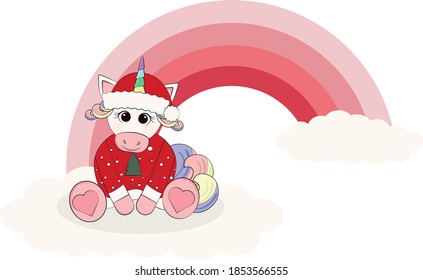 cute unicorn in a christmas sweater with a tree in a christmas hat wishes a happy new year and merry christmas