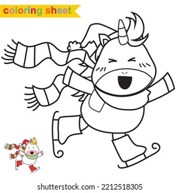 Cute unicorn with Christmas theme illustration. Educational printable coloring worksheet. Coloring page for preschool children. Vector outline for coloring page. Activity kit for kindergarten students