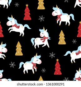 Cute unicorn and Christmas tree seamless pattern. Animal holiday cartoon character. Winter background.