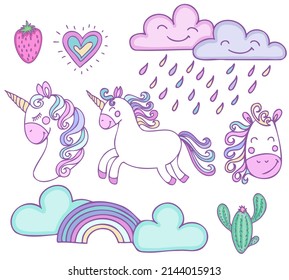 Cute unicorn clip art with colorful mane.Doodle style vector illustration of rainbow, clouds,cactus, heart isolated on white background.
Suitable for nursery and post card design and svg for cricut svg