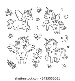 Cute unicorn clipart. Hand drawn unicorns on white background. Doodle unicorns vector illustrations