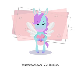 Cute unicorn with closed eyes holding heart. Valentine Day concept. Vector illustration can be used for topics like holiday, romance, love