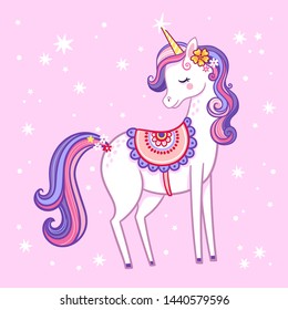 Cute unicorn with closed eyes is standing on a pink background with stars. Vector illustration with a mythical animal.