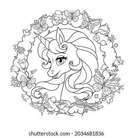 Cute unicorn in cloud frame with flowers and butterflies. Vector black and white illustration for coloring page.