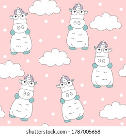 Cute unicorn with cloud and heart seamless pattern.