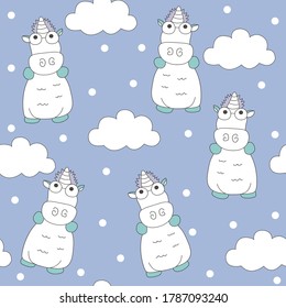 Cute unicorn with cloud and heart seamless pattern.