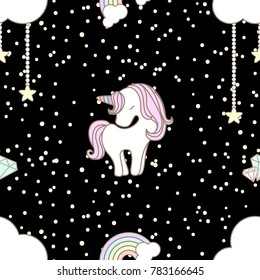 Cute unicorn with cloud and rainbow decorated with stars and diamond on black background.