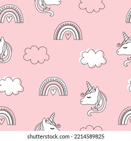 Cute unicorn, cloud and rainbow seamless pattern set decoration for kids room, nursery and textile.