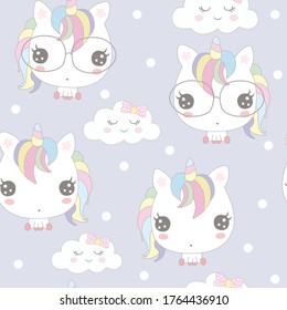 Cute unicorn with cloud seamless pattern on rainbow background.