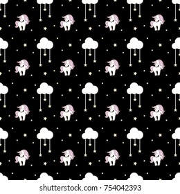 Cute unicorn with cloud and star seamless pattern on black background.
