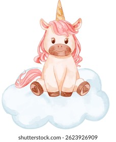 Cute Unicorn with Cloud. Watercolor pony with golden horn, suited for room decoration, web design, and baby shower project.