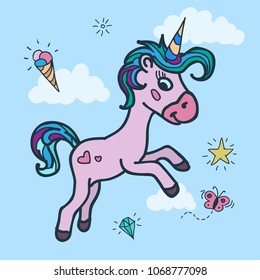 Cute Unicorn in clouds. Cartoon unicorn with icecream, star, butterfly and diamond. Stock vector illustration.