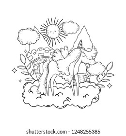 cute unicorn with clouds and castle
