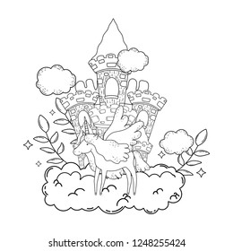 cute unicorn with clouds and castle