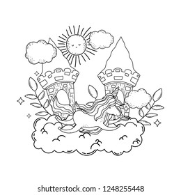cute unicorn with clouds and castle