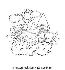 cute unicorn with clouds and castle