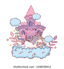 cute unicorn with clouds and castle