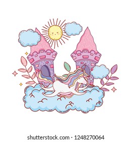 cute unicorn with clouds and castle