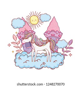cute unicorn with clouds and castle