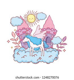 cute unicorn with clouds and castle