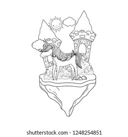cute unicorn with clouds and castle in landscape