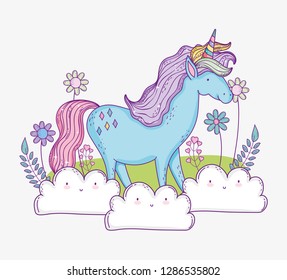 cute unicorn in the clouds with flowers and leaves