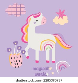 Cute unicorn clouds flowers rainbow and stars lovely graphic tee design for kids market as vector
